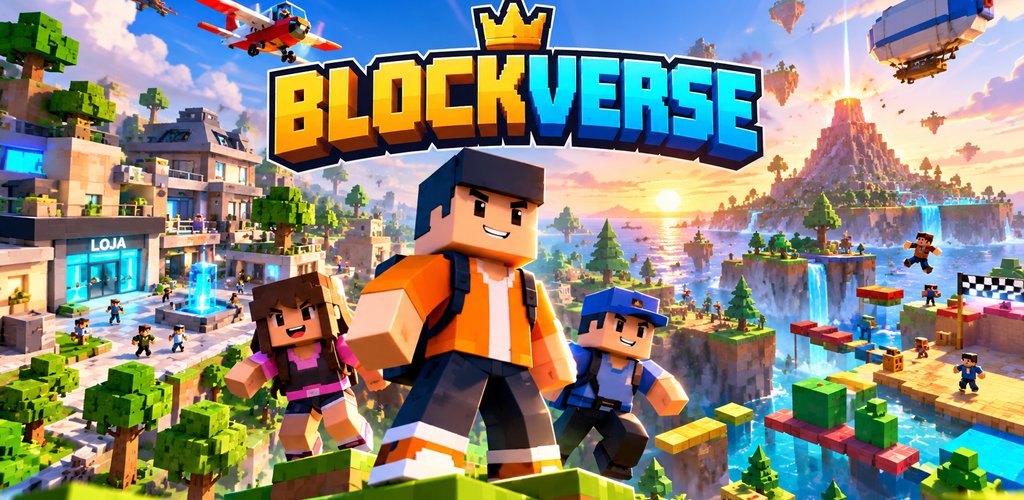 Block Verse 3D: personagens de blocos diante de um mundo de ilhas, pistas e cidade