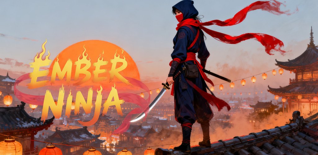 Ninja de capuz e cachecol vermelho num telhado ao pôr do sol, com o logo Ember Ninja