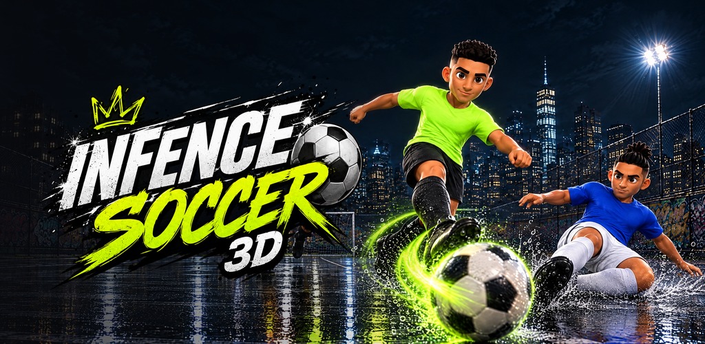 In Fence Soccer 3D: jogadores chutando a bola numa quadra de rua cercada, à noite