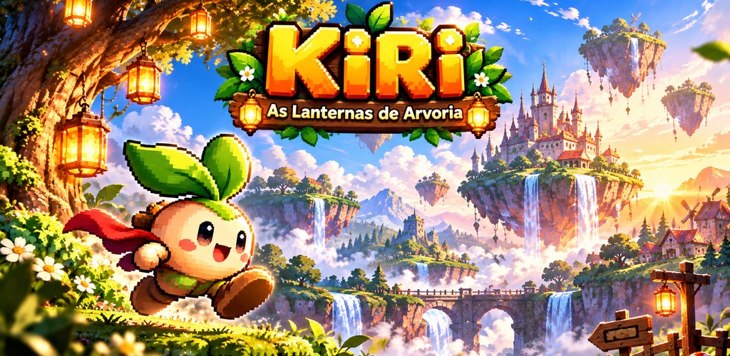 Kiri, um broto com capa vermelha, correndo num vale encantado com o logo KIRI
