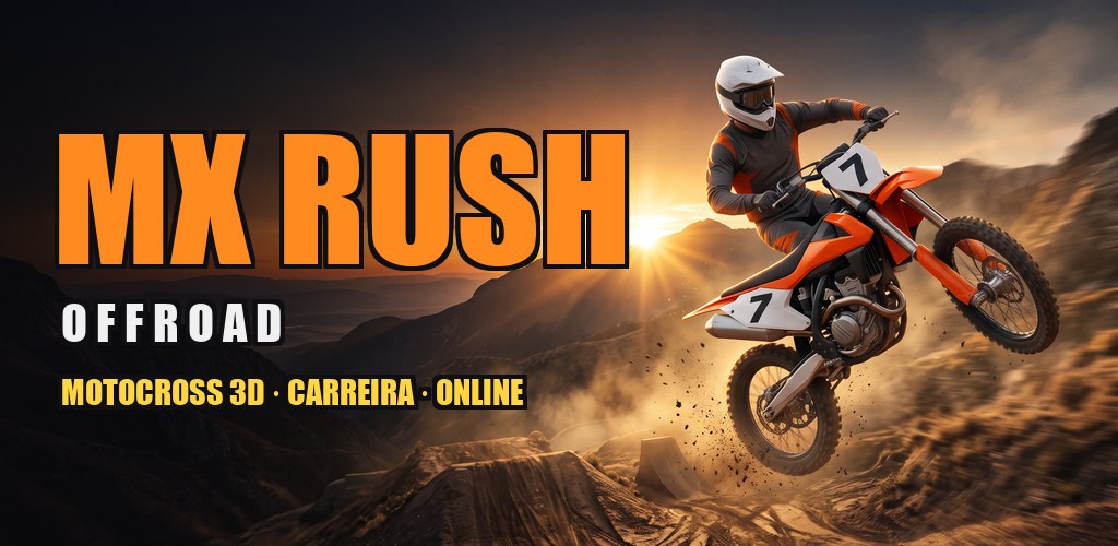 Piloto de motocross saltando ao pôr do sol com o logo MX Rush Offroad