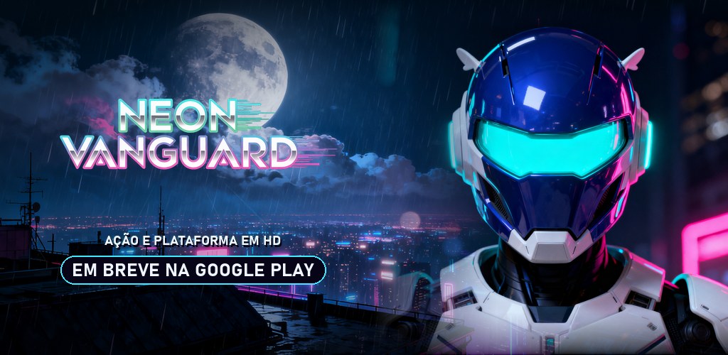 Androide de armadura azul com visor ciano e o logo Neon Vanguard