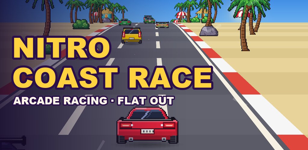 Nitro Coast Race: carro esportivo vermelho em uma estrada litorânea em pixel art
