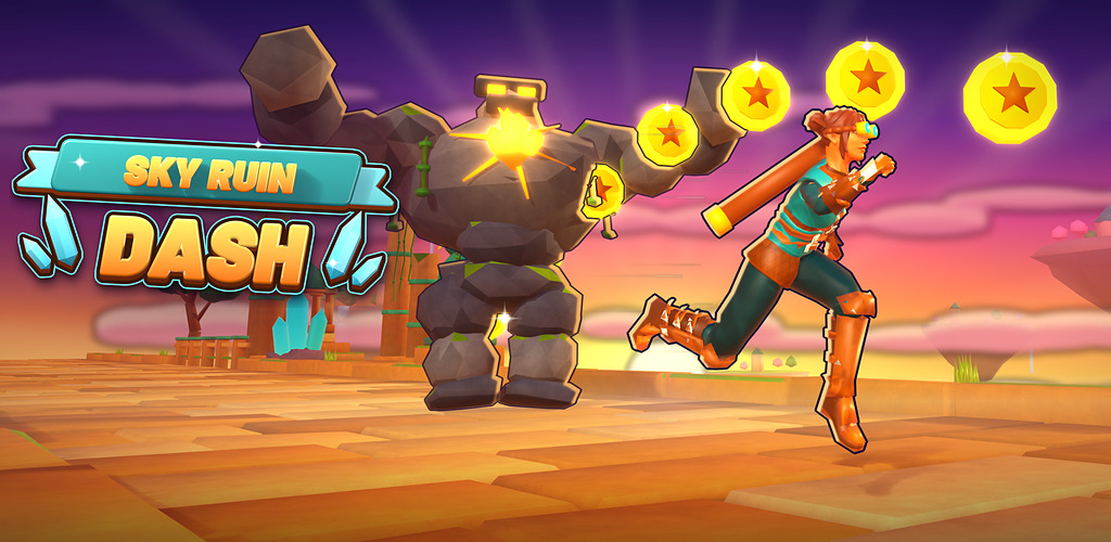 Kaia fugindo do golem de pedra com o logo Sky Ruin Dash