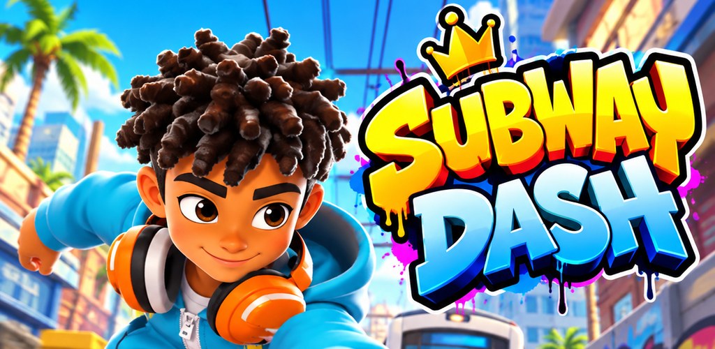 Garoto de moletom azul correndo nos trilhos com o logo Subway Dash