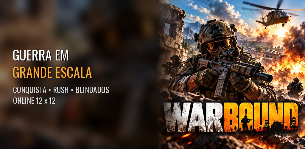 Soldados avançando sobre um vilarejo em chamas com o logo Warbound